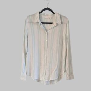 Linen Blend Button Up Shirt L Mint Green White Striped Swim Coverup Top Beachy